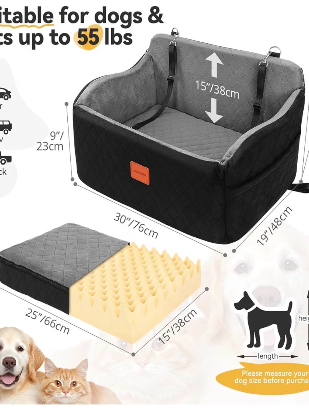 Black & Gray Quilted Dog Car Booster Seat - Travel Pet Bed